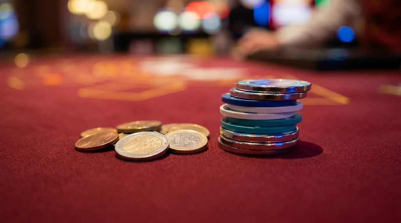 Pièces et jetons de casino sur feutre rouge