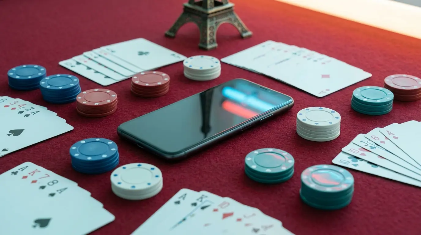 Téléphone mobile sur table de casino avec jetons et cartes