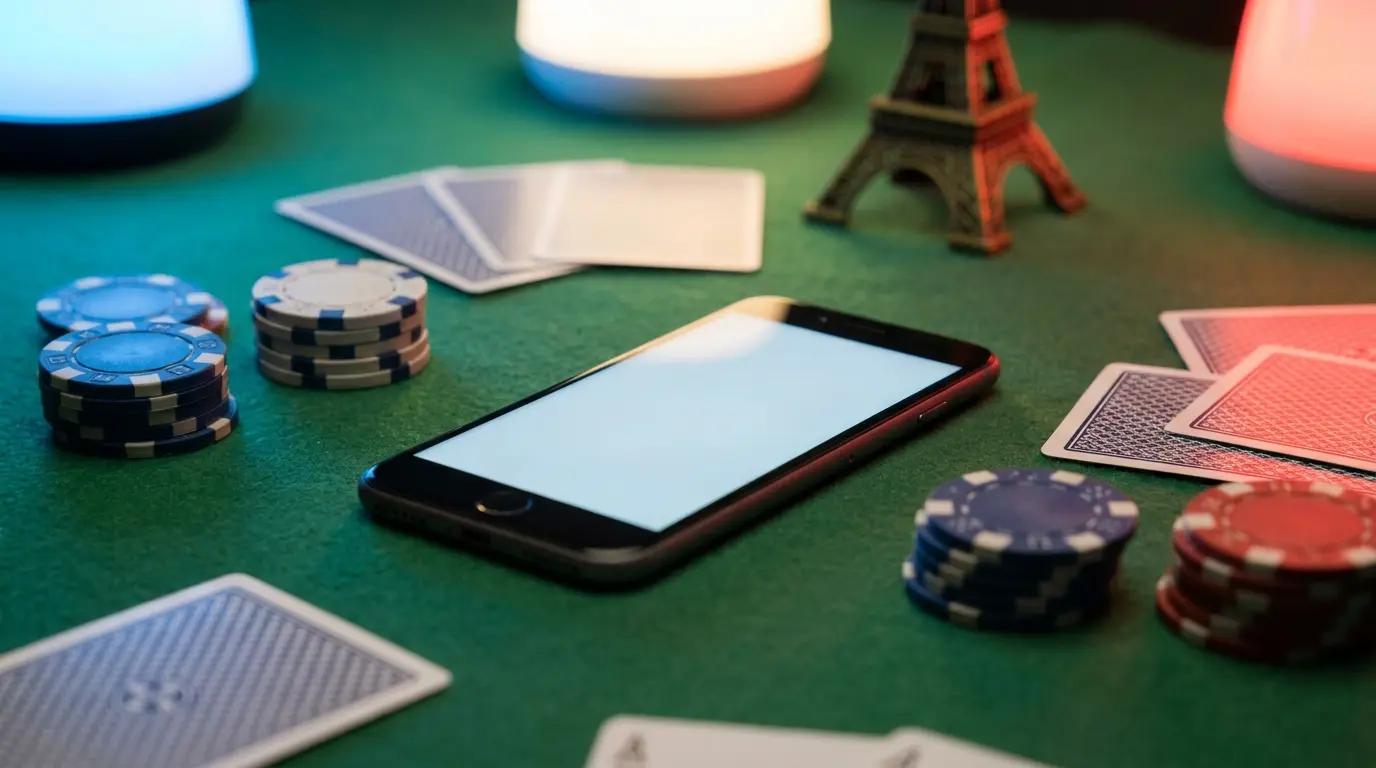Smartphone sur table de casino avec jetons et Tour Eiffel
