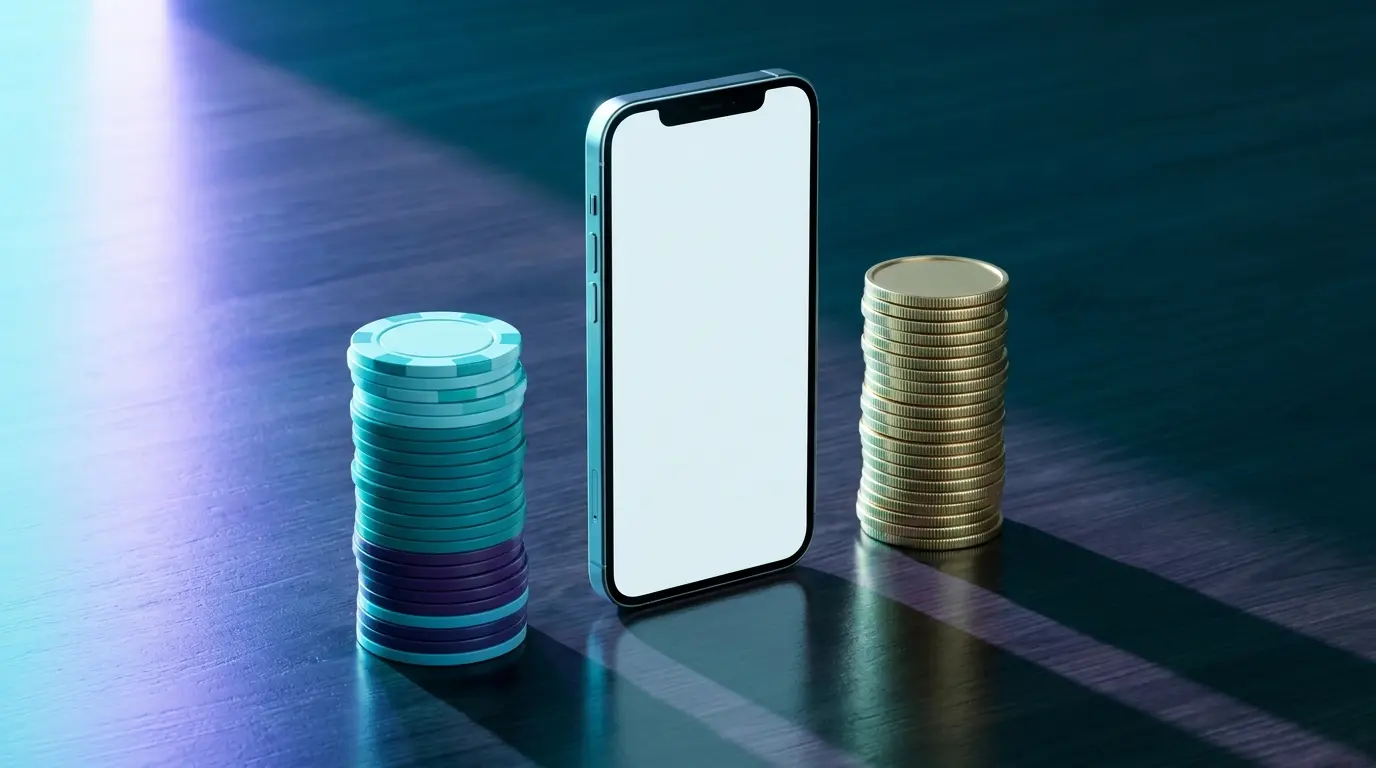 Téléphone mobile avec jetons et pièces d'or empilés