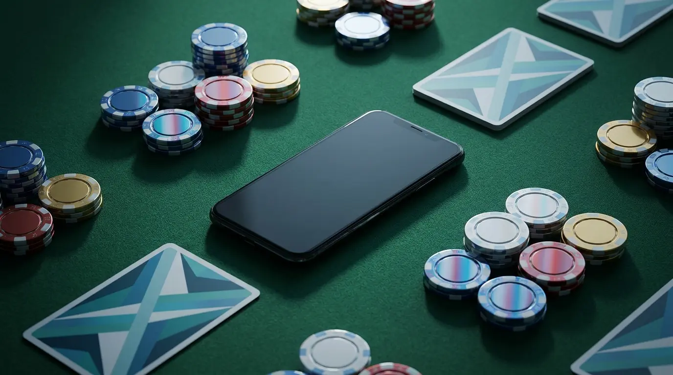 Smartphone entouré de jetons de casino et cartes à jouer