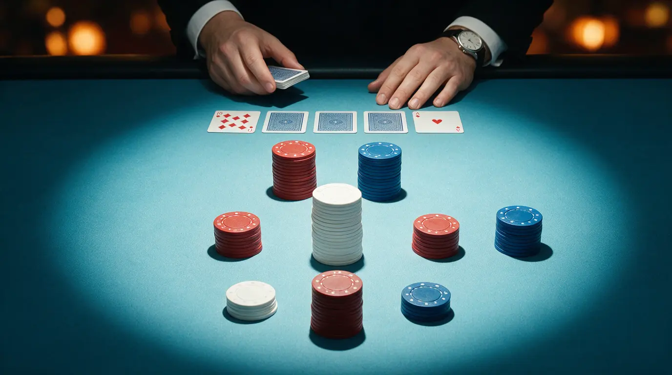 Vue aérienne de cartes distribuées et jetons tricolores