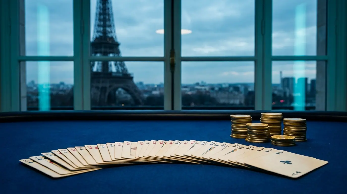 Cartes de jeu et jetons avec vue sur Paris