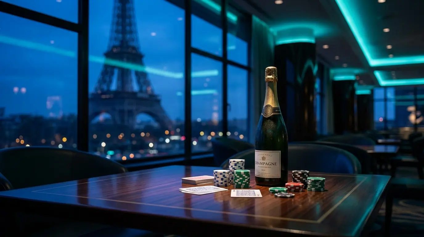 Ambiance casino de luxe avec vue sur Paris au crépuscule