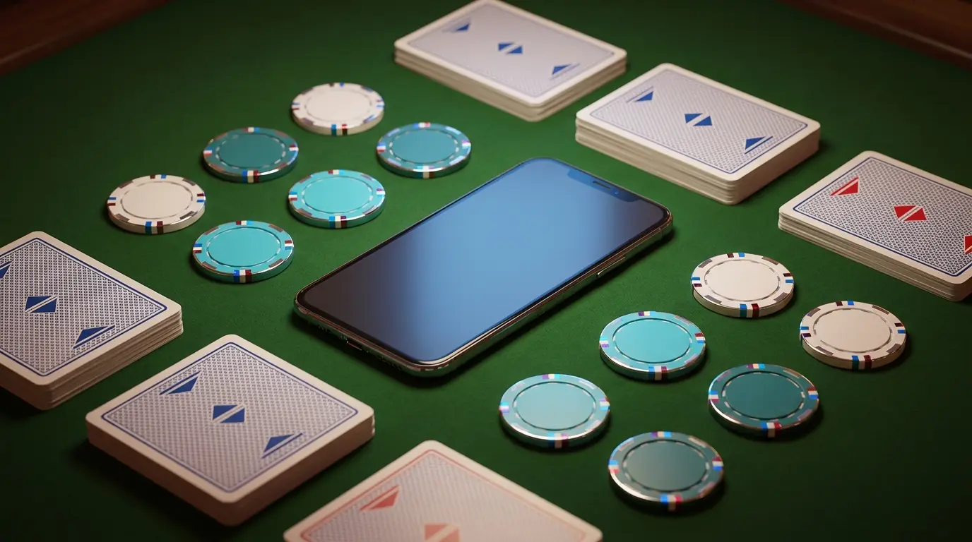 Smartphone entouré de jetons de casino et cartes à jouer