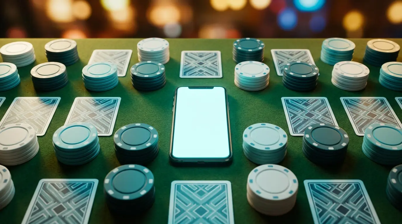 Smartphone entouré de jetons de casino et cartes à jouer