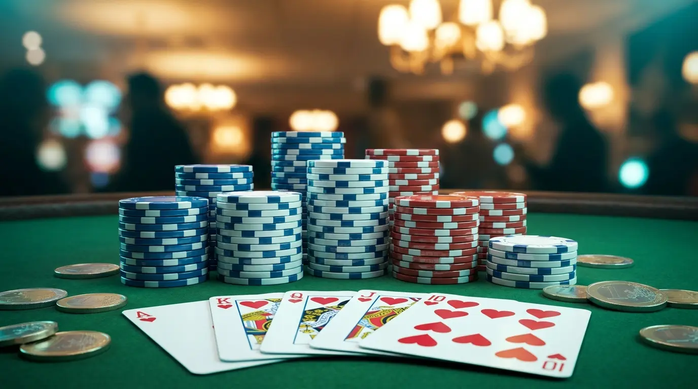Jetons de poker et cartes sur table de casino avec couleurs françaises