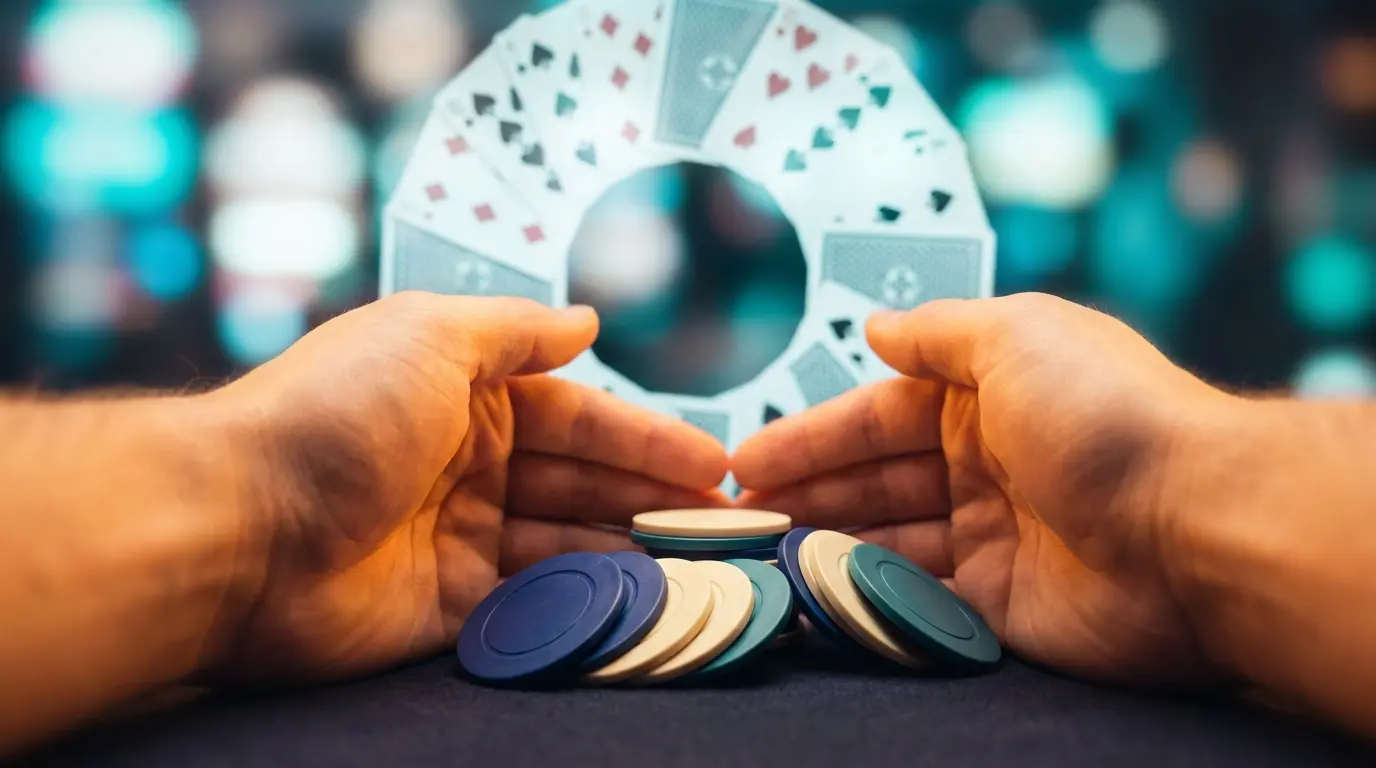Mains protégeant des jetons avec horloge symbolisant le temps
