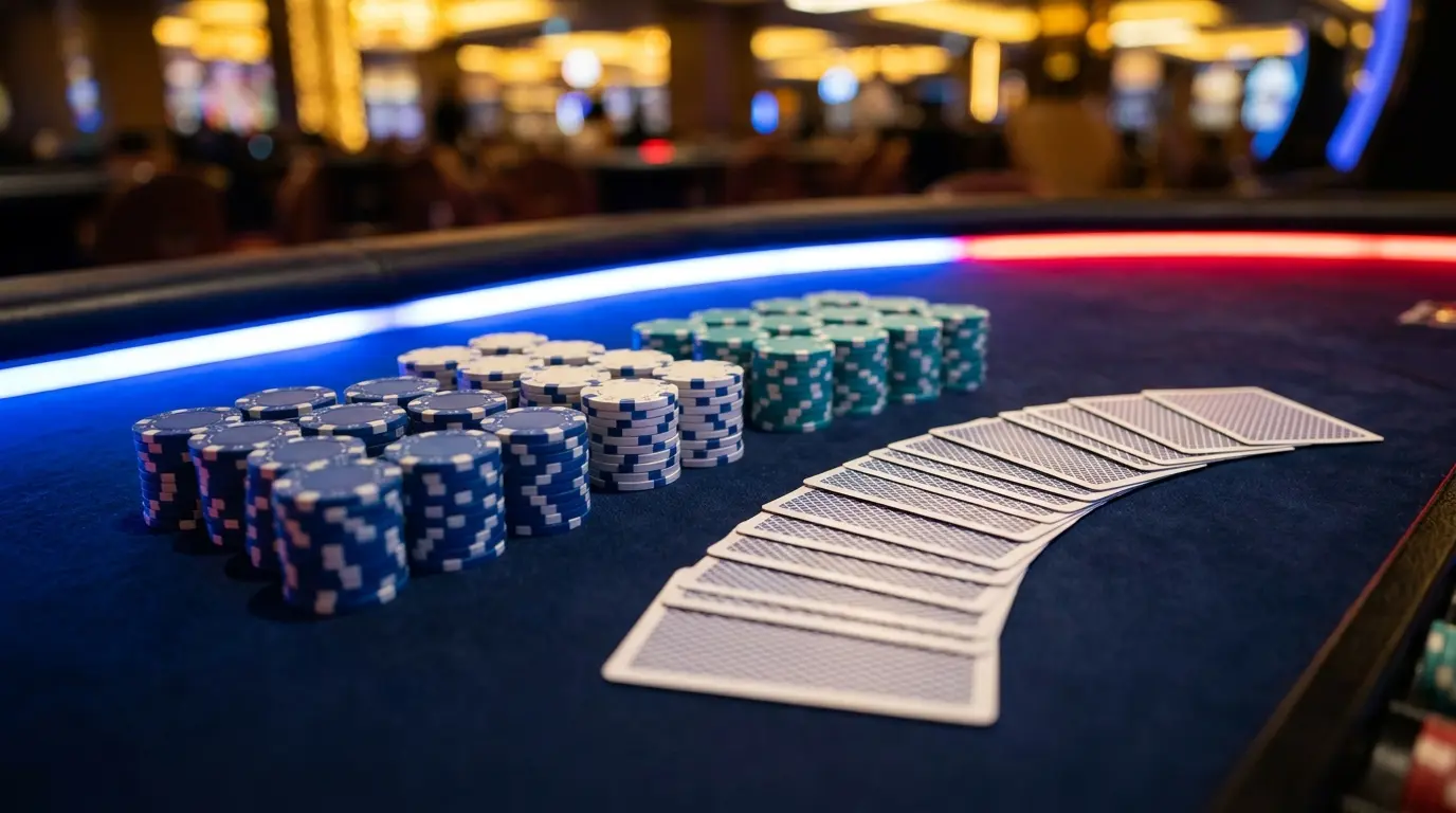 Jetons de casino et cartes sur table de jeu avec éclairage tricolore