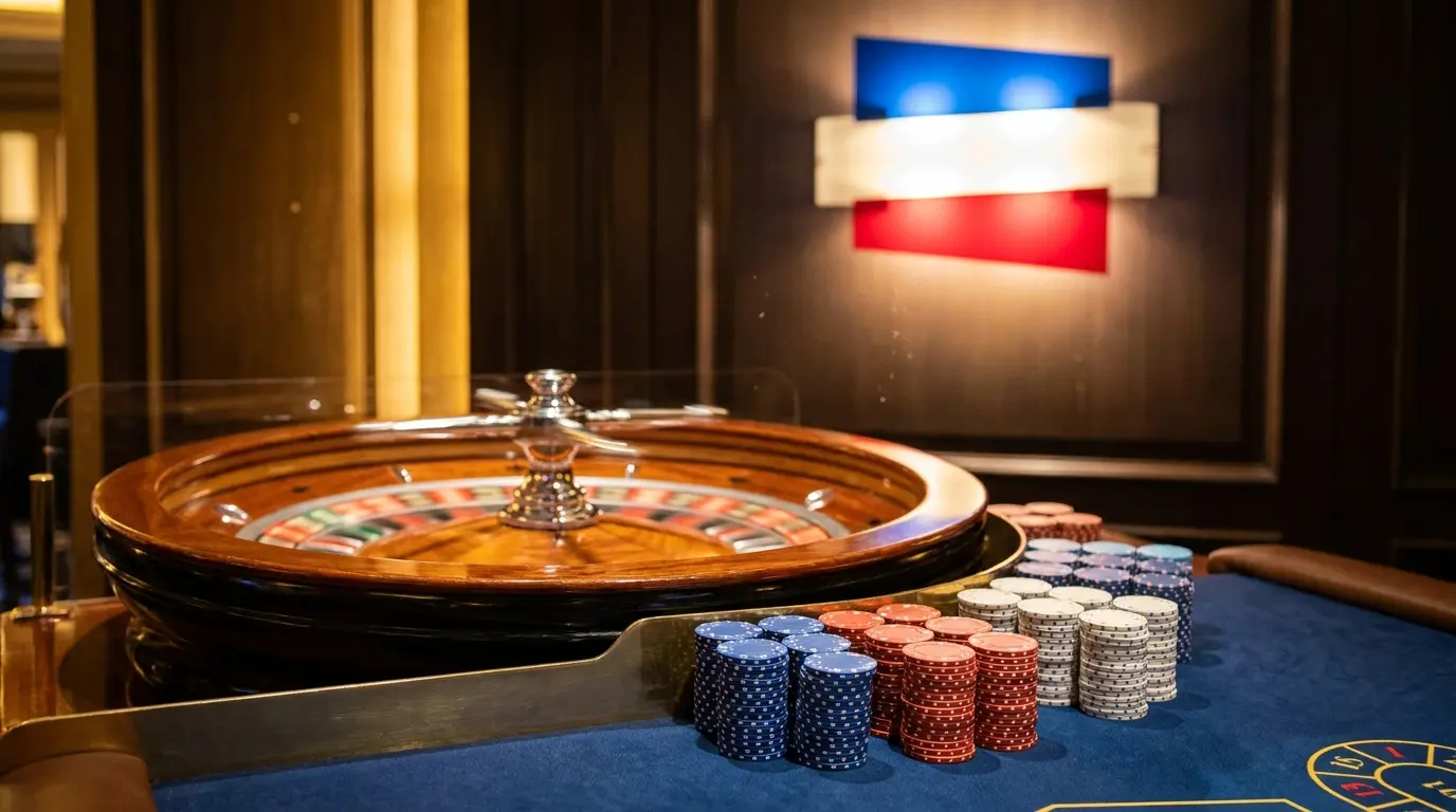 Roulette et jetons de casino avec éclairage aux couleurs françaises