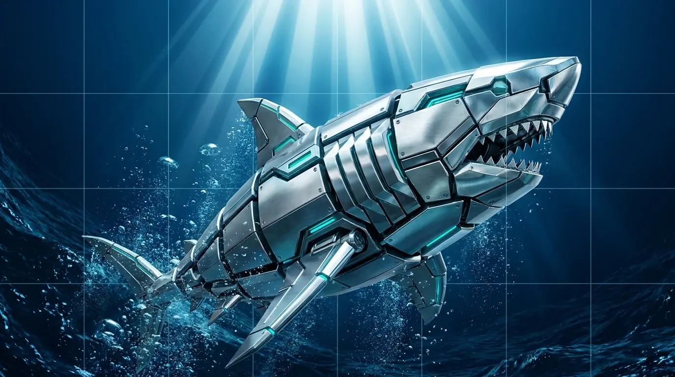 Requin mécanique aux dents tranchantes émergeant des profondeurs