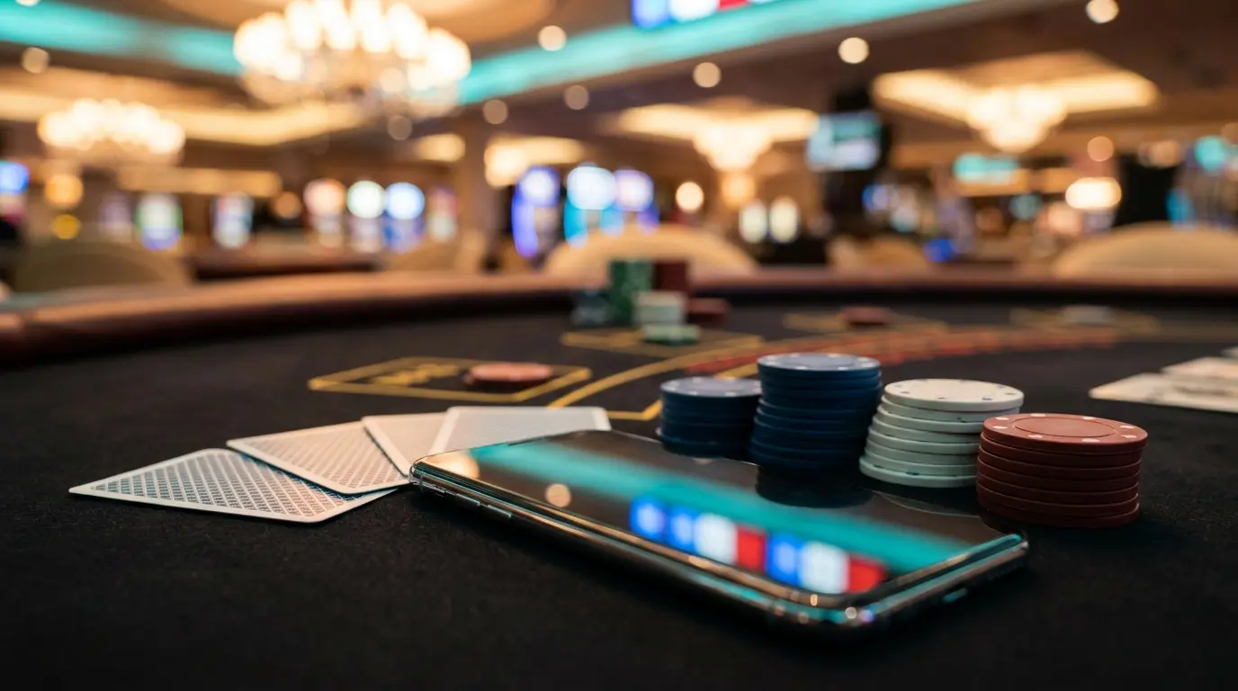 Smartphone et jetons de casino sur table de jeu avec couleurs françaises