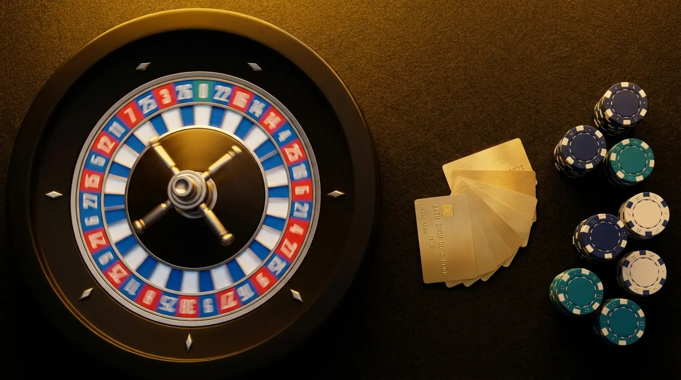 Roulette et cartes bancaires sur table de casino