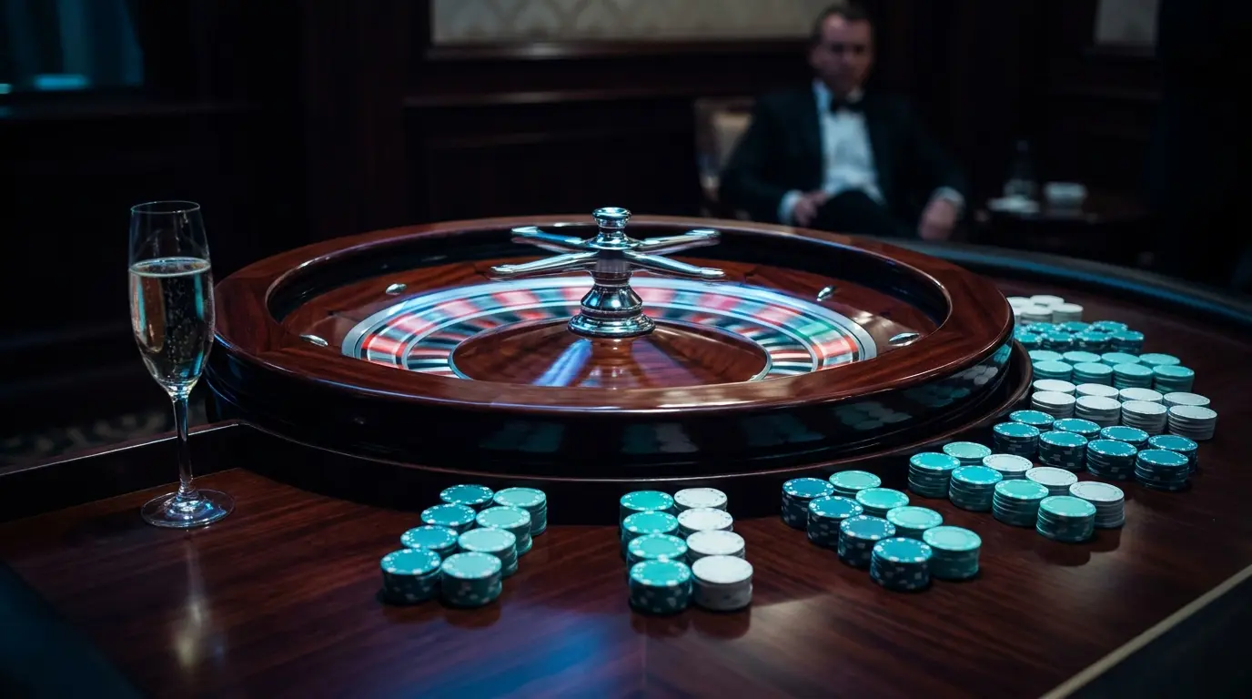 Roulette en mouvement avec jetons et champagne ambiance française