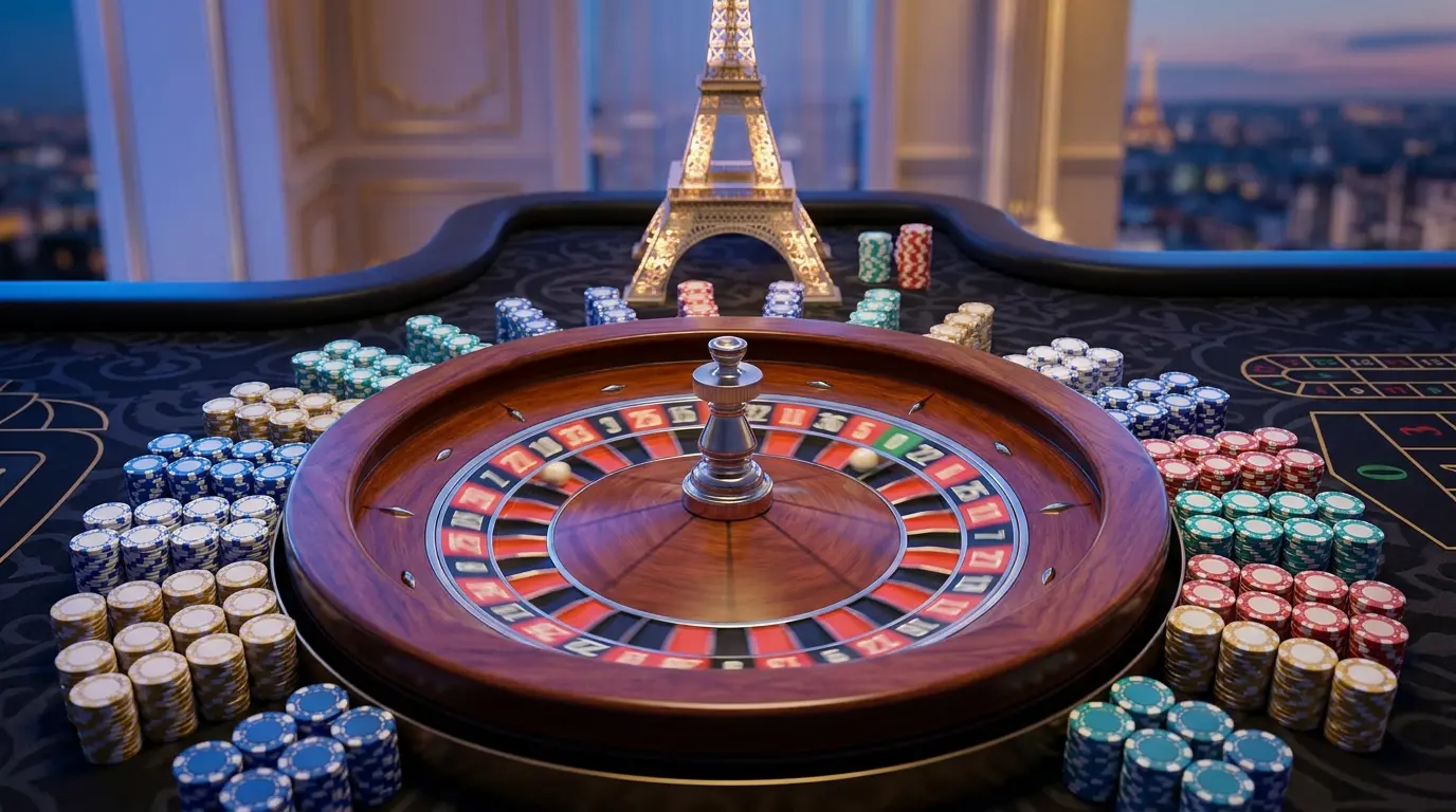 Roulette de casino avec jetons et Tour Eiffel en arrière-plan