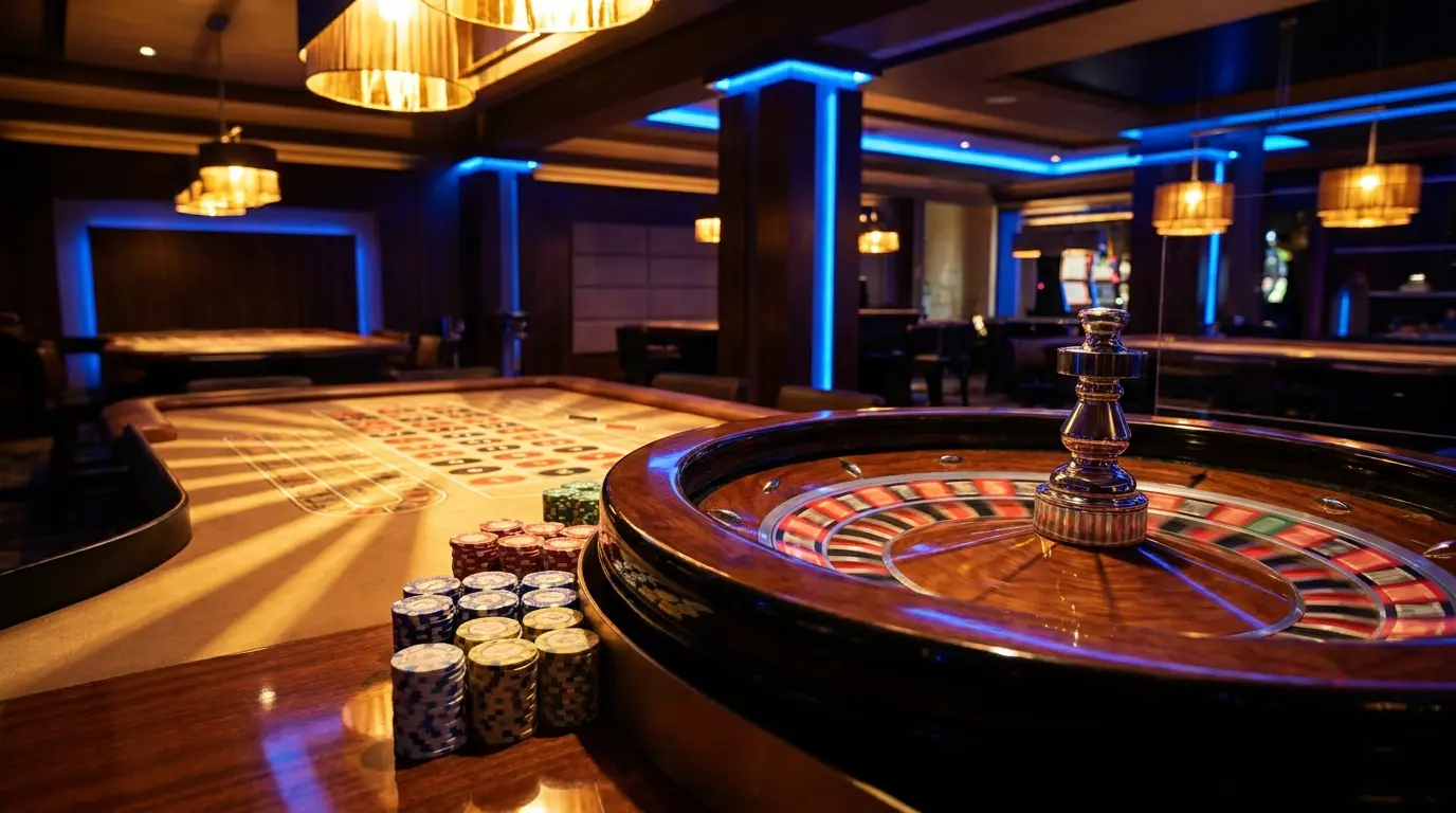 Roulette en mouvement avec jetons de casino empilés au premier plan