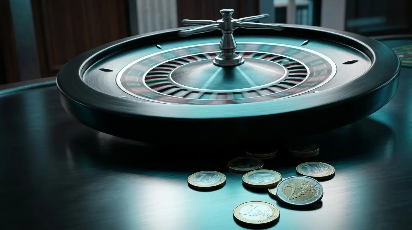 Roulette en mouvement avec pièces d'euro éparpillées