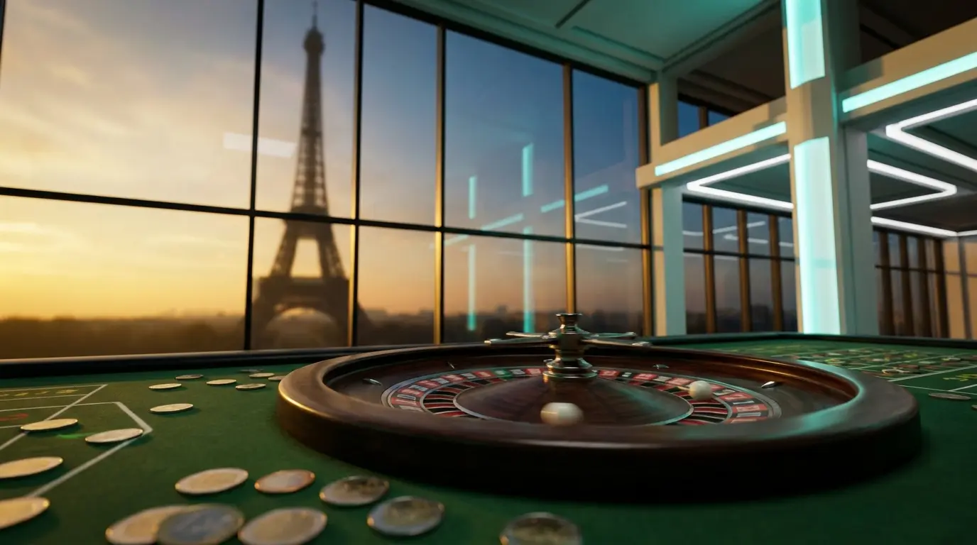 Roulette de casino avec pièces en euros et Paris en arrière-plan