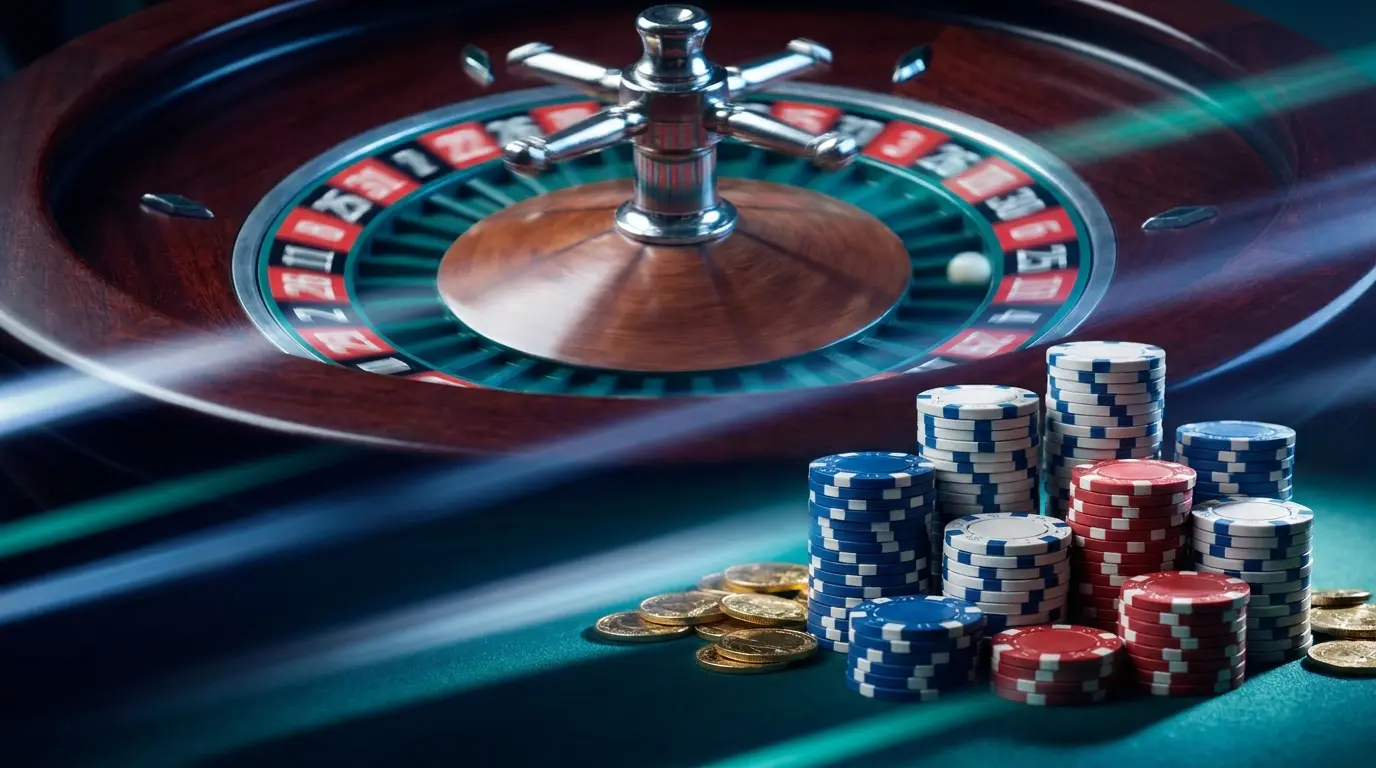 Roulette en mouvement avec jetons et pièces de casino