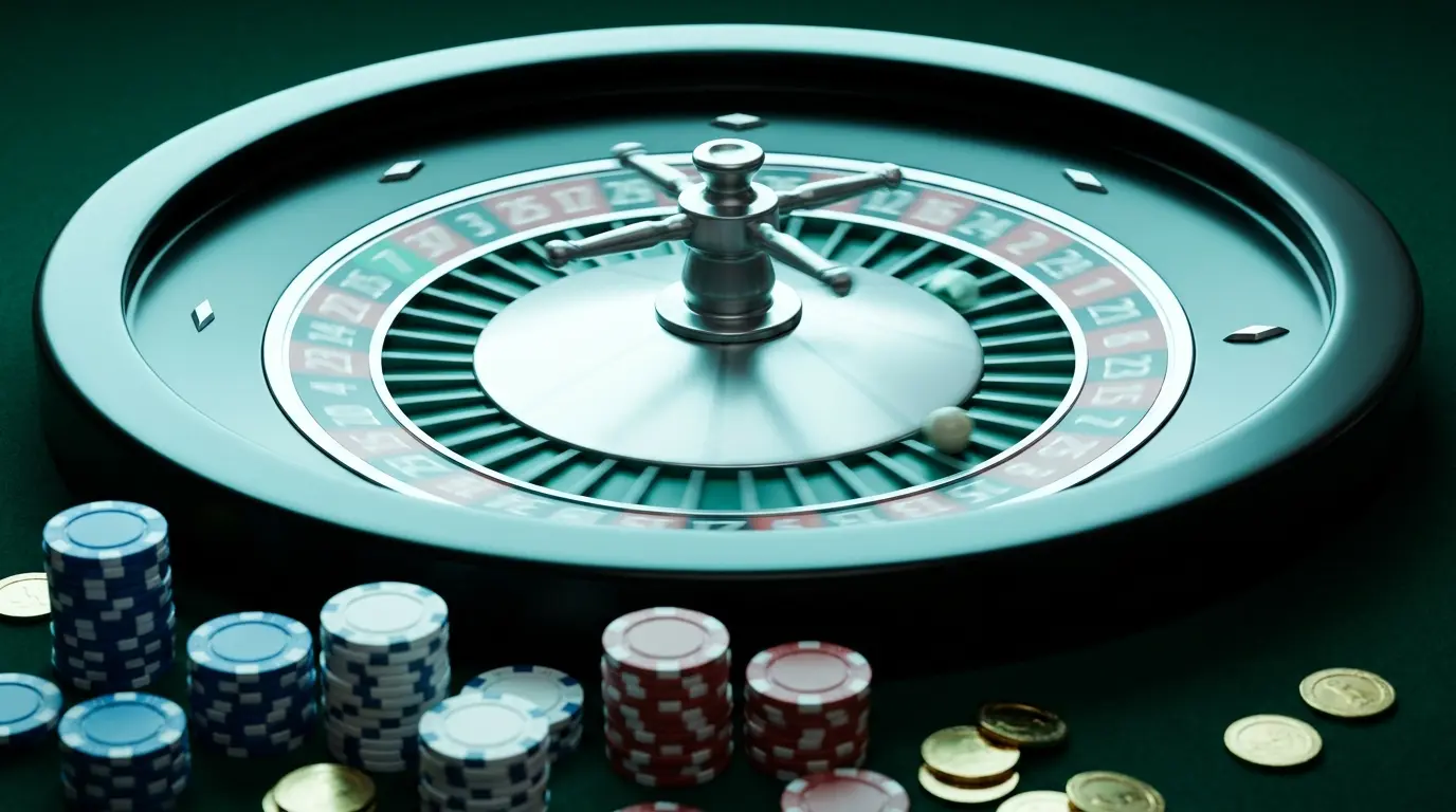 Roulette en mouvement avec jetons tricolores et pièces