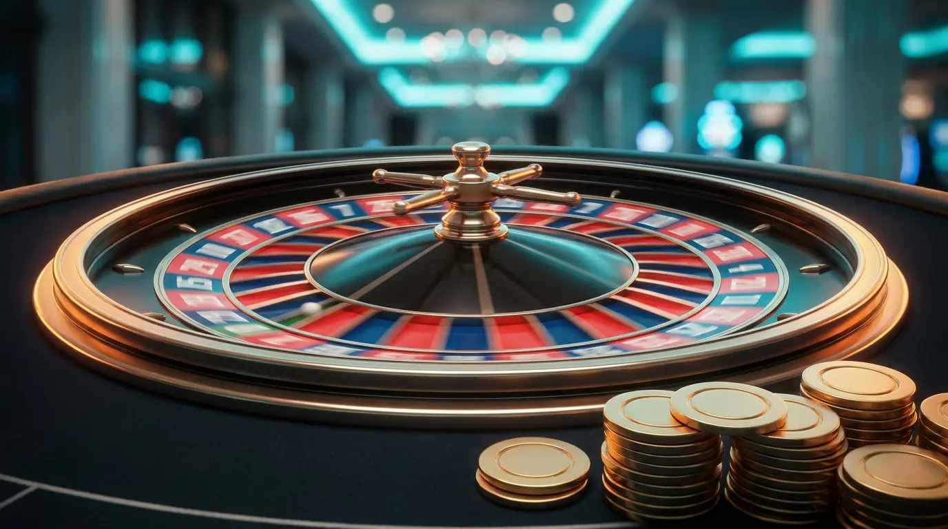 Roulette en mouvement avec jetons dorés et ambiance casino