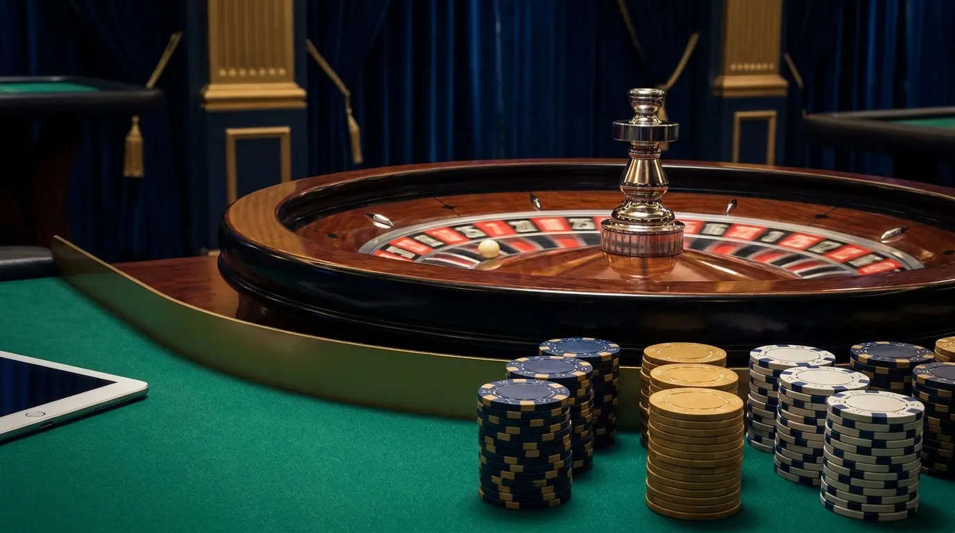 Roulette de casino avec iPad et jetons empilés