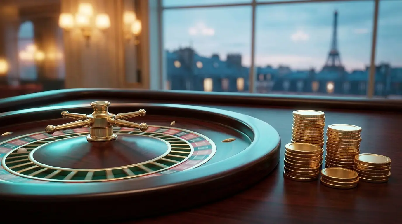 Roulette en mouvement avec pièces dorées et Paris en arrière-plan