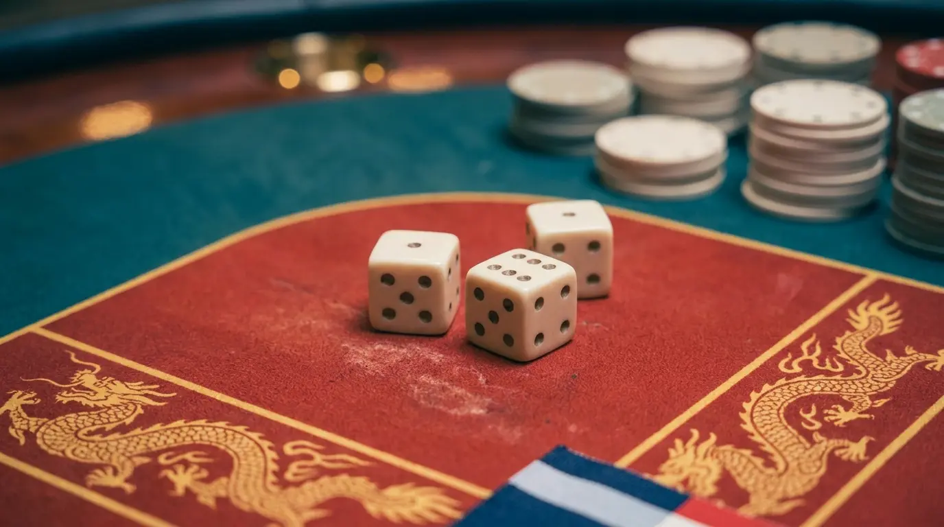 Dés de Sic Bo sur table de casino avec jetons en arrière-plan