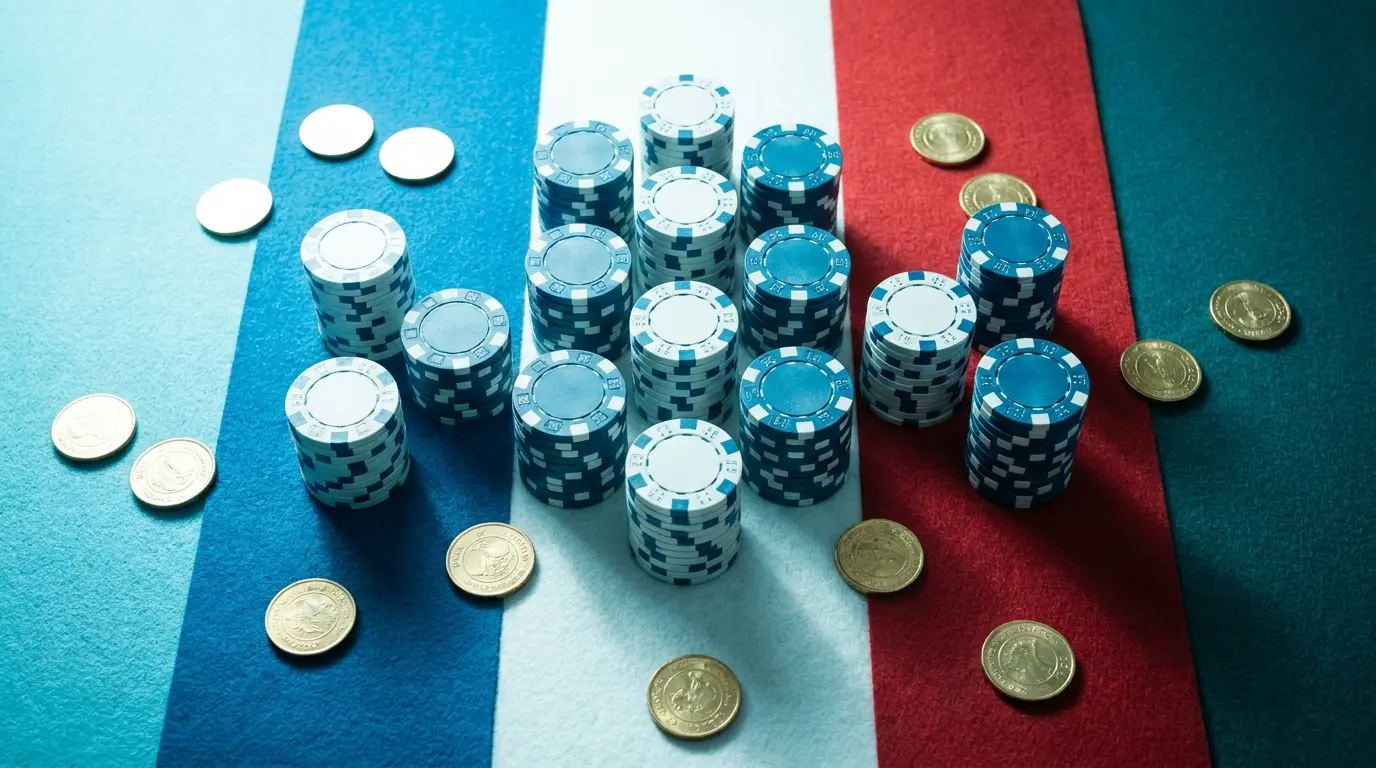 Jetons de casino aux couleurs Skrill sur feutre tricolore français