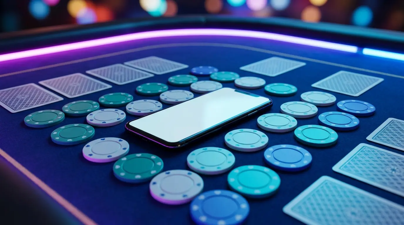 Téléphone et jetons de casino sur table de jeu avec éclairage néon