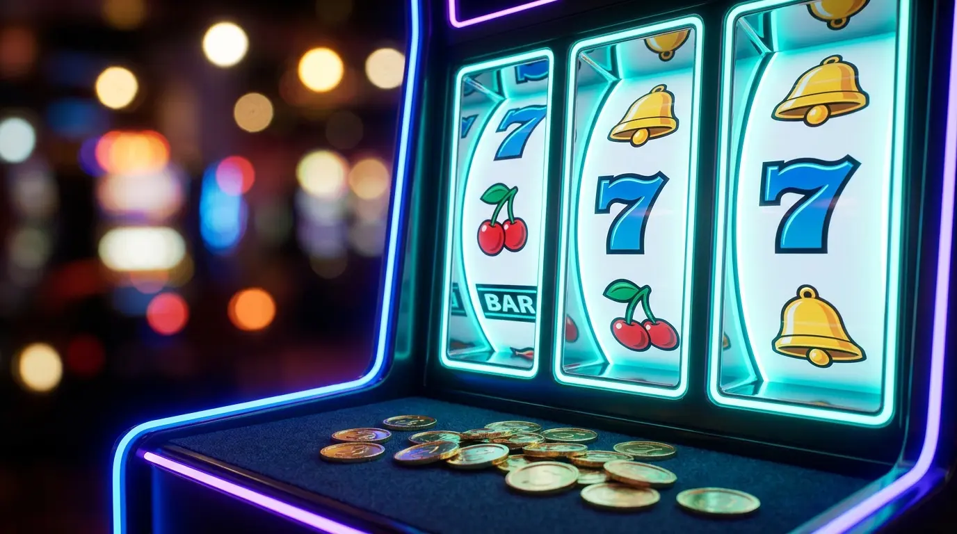 Rouleaux de machine à sous lumineux avec symboles et pièces dorées