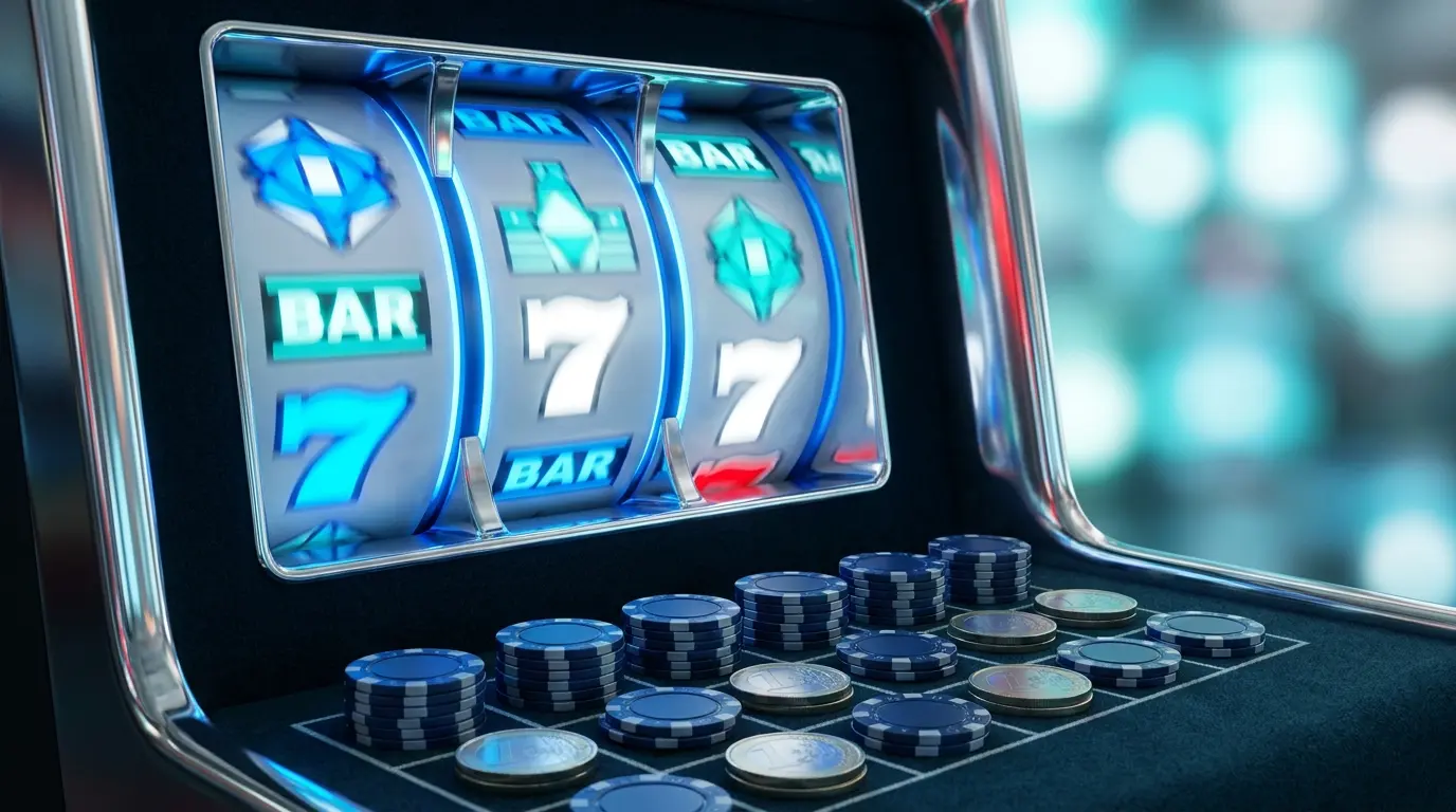 Machines à sous illuminées avec jetons de casino et pièces