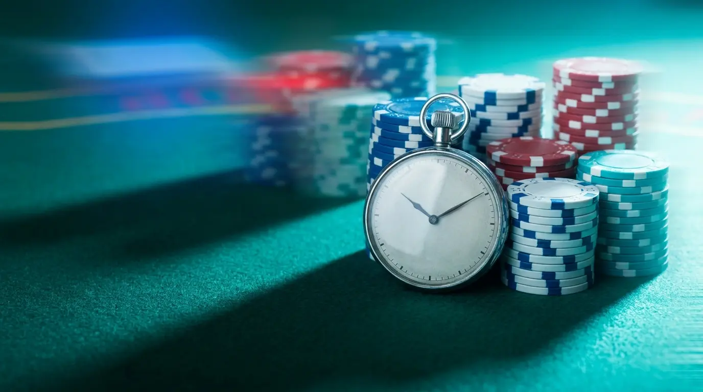 Chronomètre avec jetons de casino évoquant rapidité des retraits