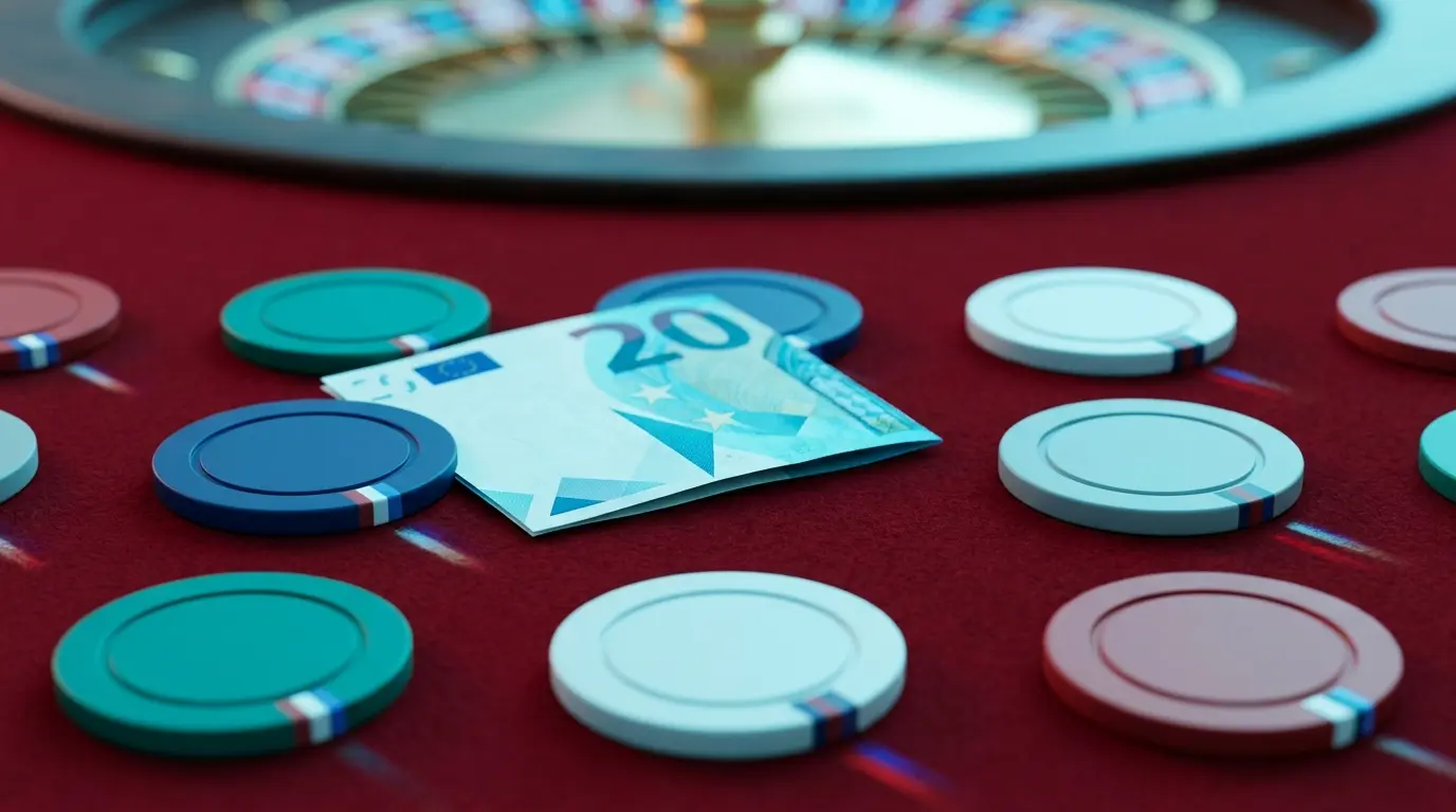 Billet de 20 euros avec jetons de casino sur table de jeu