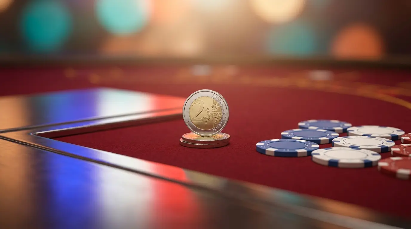 Pièces de 2 euros sur tapis de casino avec jetons de poker