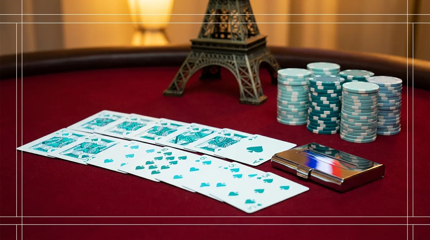 Cartes de vidéo poker et jetons sur table de casino française